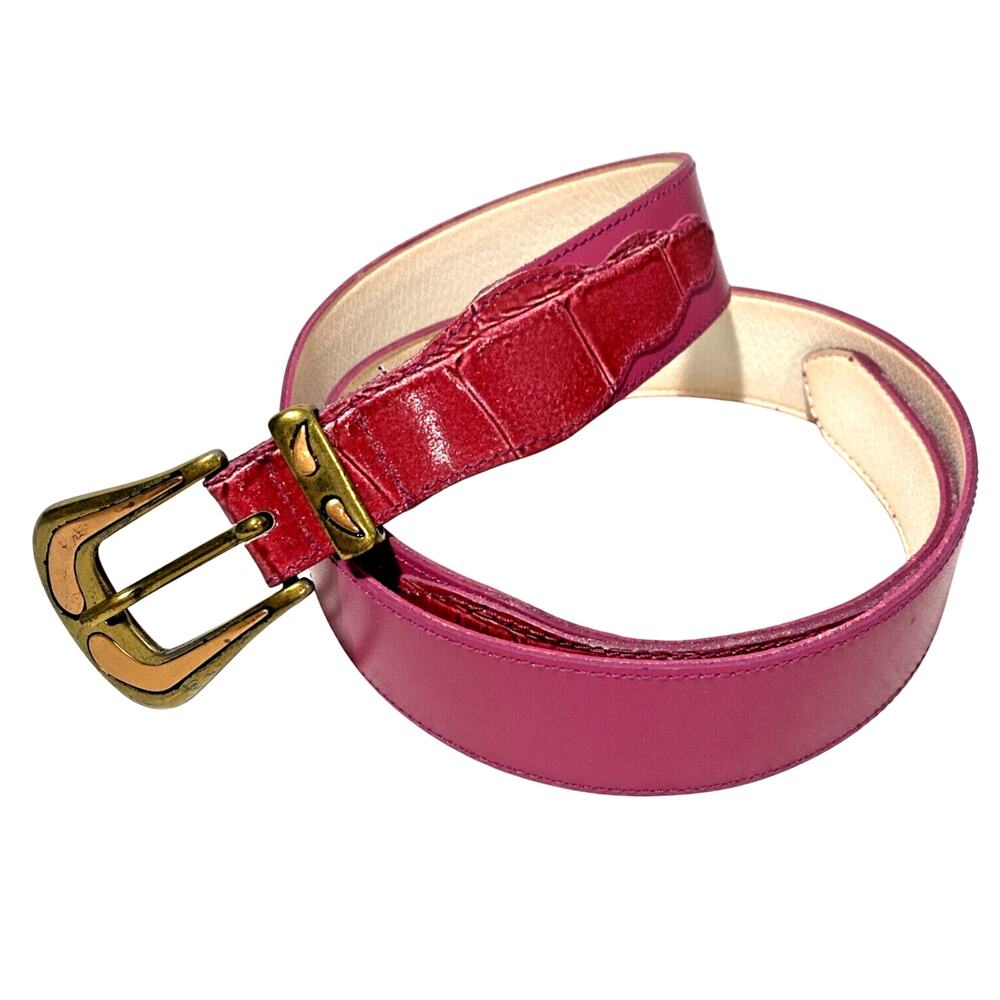 Vintage pink belt moc croc leather gold and copper buckle retro colorful mod